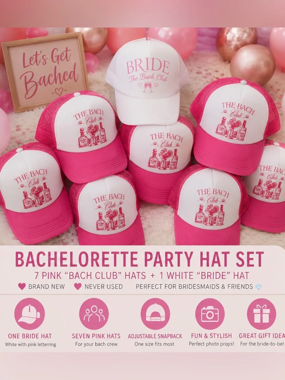 NEW The Bach Club Bachelorette Party Hat Set 8pc Pink White Bride Bridal